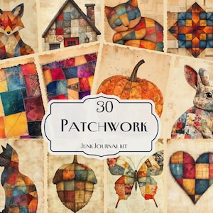 Pode incluir: Ilustrações em estilo patchwork com uma raposa, casa, gato, abóbora, coelho, bolota, borboleta e coração. As imagens estão em um fundo de papel vintage, com o texto "30 Patchwork Junk Journal Kit".