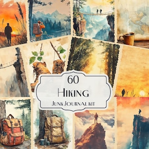 60 wandelen junk Journal Kit, digitale avonturenpapieren, vintage ephemera backpacken, afdrukbare scrapbooking kit, decor natuurverkenner