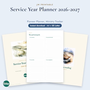 May include: A printable Service Year Planner 2026-2027 featuring a central page titled My spiritual goals with sections for ministry, personal study, family, and congregation. The planner includes watercolor illustrations of landscapes.