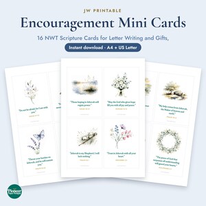 May include: A set of printable encouragement mini cards featuring watercolor illustrations and scripture text. The cards include phrases like Do not be afraid, for I am with you, and are formatted for A4 and US Letter paper sizes.