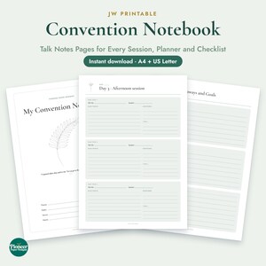 May include: A printable convention notebook featuring three white pages with black text and line templates. The pages include headers like My Convention Notebook, Day 3 Afternoon session, and Takeaways and Goals, with space for notes, speakers, and main points.