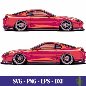 May include: A red sports car with black accents and large wheels. The car is shown in two different angles, both from the side.