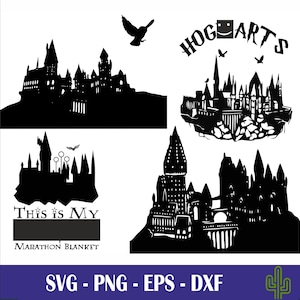 Könnte beinhalten: Schwarze und weiße Silhouette von Hogwarts, einer fiktiven Schule für Hexerei und Zauberei aus der Harry-Potter-Reihe. Das Bild enthält den Text "Hogwarts" und "This is My Marathon Blanket".
