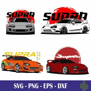 May include: Four different illustrations of a Toyota Supra car. Each illustration features a different colour car with a red circle and the word "Supra" in black text. The first car is grey, the second is white, the third is orange, and the fourth is red.