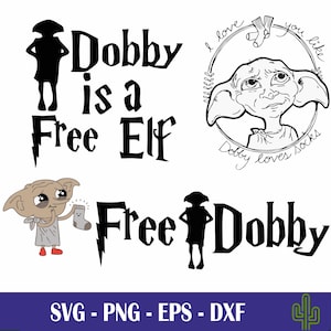 以下が含まれることがあります： 「Dobby is a Free Elf」というテキストと、家事用妖精のシルエットを特徴とする白黒のデジタルデザイン。デザインには、靴下を持った家事用妖精の漫画画像と「Free Dobby」というテキストも含まれています。