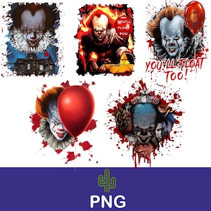 Può includere: Un collage digitale di cinque immagini con il personaggio Pennywise del film "It". Le immagini includono Pennywise con un palloncino rosso, Pennywise con un palloncino rosso e il testo "You'll Float Too!" e Pennywise con un palloncino rosso e il testo "You'll Float Too!" su uno sfondo di schizzi di sangue.