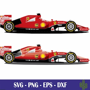 Può includere: Un'auto da corsa di Formula 1 rossa e nera con i loghi degli sponsor come Santander, UPS e V-Power. L'auto è su uno sfondo bianco.