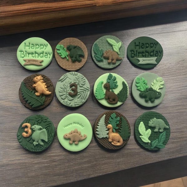 Edible Dinosaur Birthday  Name, Age custom cupcake toppers, Dino Party decorations.
