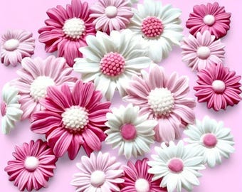 Edible Pink & White Daisies Fondant Sugarpaste Flowers Cupcake Toppers Cake Decorations Large, small, mixed