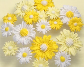 Edible Yellow & White Daisies Fondant Sugarpaste Flowers Cupcake Toppers Cake Decorations Large, small, mixed