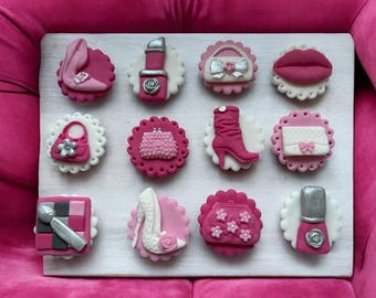 12 Edible Pink Cupcake Toppers • Shoes• Handbag • Makeup• Fondant Cake  Decorations • Birthday Party •