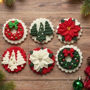 May include: Six round decorative cookies with textured white or red bases, featuring fondant Christmas designs including green wreaths with bows, green and white pine trees with gold accents, and red or white poinsettia flowers with gold centers.