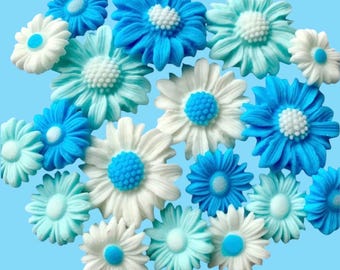 Blue & White Fondant Daisy Cupcake Toppers: Edible Cake Decorations