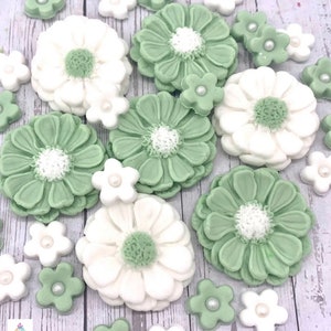 30 Edible Sage Green & White Bouquet Fondant Sugar Flowers Cupcake Toppers Cake Decorations