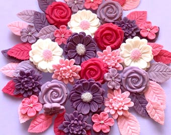 Flower cake topper • Edible Pink Purple & Lilac Cake Toppers• Sugar paste Flowers and Leaves• Wedding , Birthday Anniversary Cake•