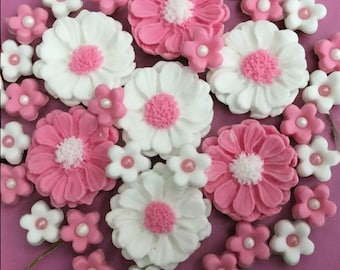 30 Flower Cake Topper •Pink & White Edible Flowers• Fondant Daisy Toppers• Cake and Cupcakes sugar  Decorations•