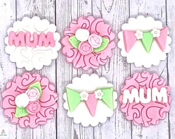 Edible Pink Mum Mothers Day Plaques With Flowers Fondant Sugarpaste Cupcake Toppers cake Decorations cookie toppers