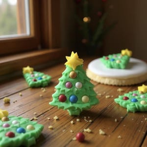 May include: Green Christmas tree-shaped cookies with colorful candy decorations and yellow star toppers are scattered on a wooden surface. One cookie sits atop a white-frosted treat. The scene is festive and evokes holiday baking.