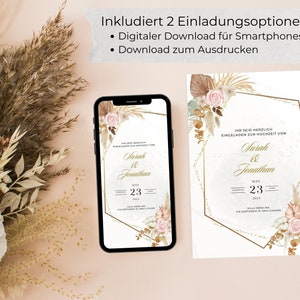 May include: A digital wedding invitation template with a boho theme. The invitation features a gold geometric frame with dried flowers and pampas grass. The text reads "Ihr seid herzlich eingeladen zur Hochzeit von Sarah & Jonathan Sept 23 2023".