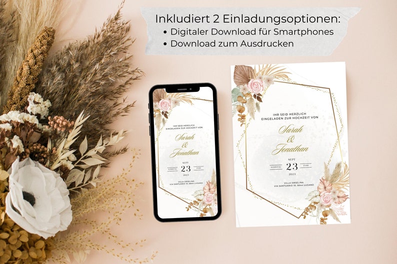 May include: A digital wedding invitation template with a boho theme. The invitation features a gold geometric frame with dried flowers and pampas grass. The text reads "Ihr seid herzlich eingeladen zur Hochzeit von Sarah & Jonathan Sept 23 2023".