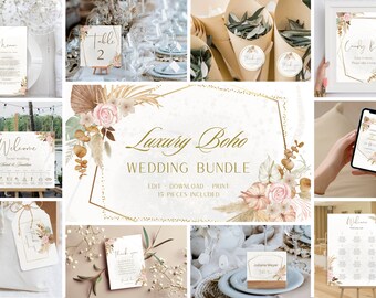 Wedding bundle template download, Boho Gold wedding template bundle 15 pieces included, wedding invitation set for print, instant download