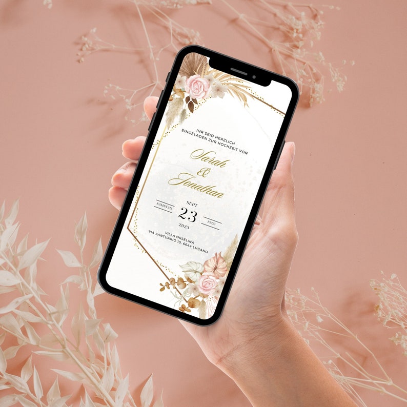 Luxus Boho Stil Hochzeitseinladung, digitale Hochzeitsvorlage, Boho-Hochzeitsdesign, Sofort-Download für Smartphone oder zum Ausdrucken image 2