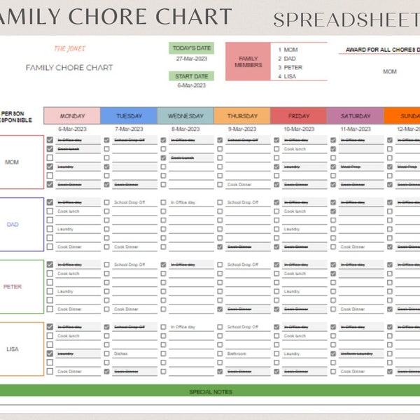 Family Chore Chart Template | To Do List Google Sheets Spreadsheet | Digital Task Tracker | Increase Productivity | Task Planner Spreadsheet