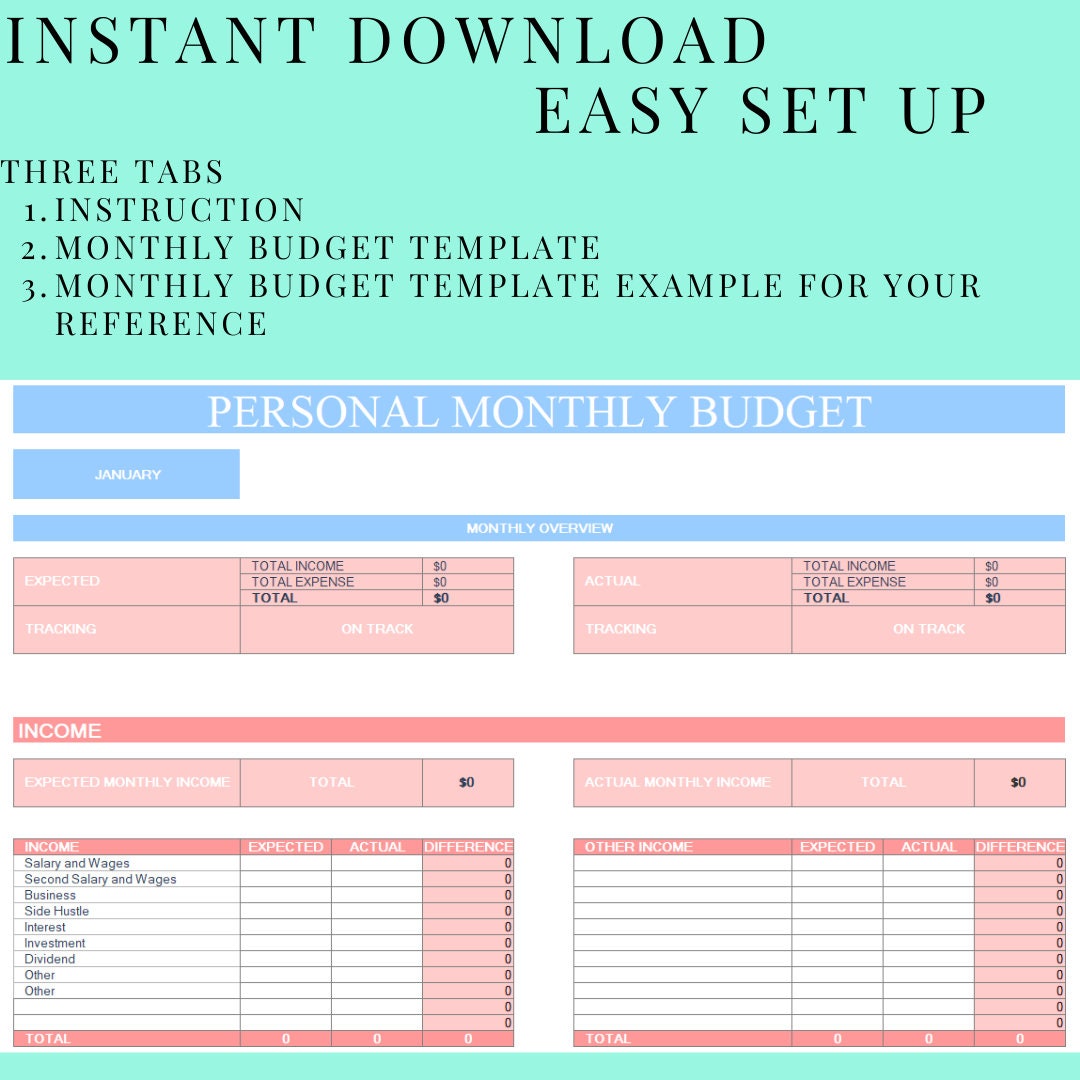 Monthly Budget Spreadsheet Expense and Budget Tracker Simple Excel 1 ...