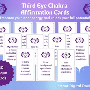 May include: A collection of 30 Third Eye Chakra Affirmation Cards with a purple and white design. Each card features affirmations and a Third Eye symbol. The text "Instant Digital Download" is at the bottom.