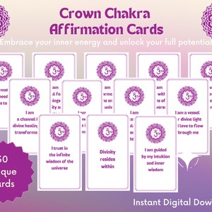 30 carte di affermazione quotidiana del settimo chakra della corona / carte minimaliste digitali stampabili per l'ispirazione, la cura di sé e la guarigione dei chakra