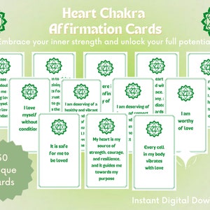 30 carte di affermazione quotidiana del chakra del cuore / carte minimaliste digitali stampabili per ispirazione, cura di sé e guarigione dei chakra