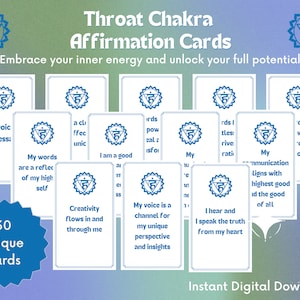 30 carte di affermazione quotidiana del chakra della gola / carte minimaliste digitali stampabili per ispirazione, cura di sé e guarigione dei chakra