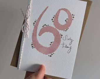 Tarjeta de cumpleaños número 60 hecha a mano con acuarela (disponible en rosa oscuro y verde salvia)