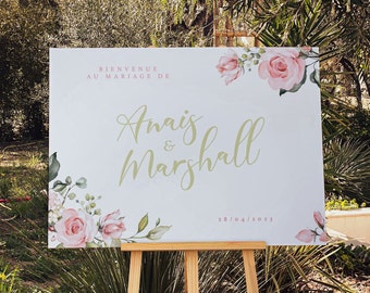 Panneau de bienvenue mariage ROMA | Panneau PVC floral pour accueillir les invités de son mariage | Signalétique mariage avec des roses