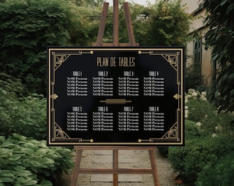 Panneau plan de tables mariage style GATSBY | Panneau liste invités de mariage en PVC noir et or | Signalétique de réception de mariage