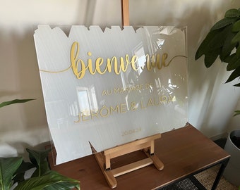 Gold/silver wedding welcome sign plexi COLOR GLASS platinum | Double sided wedding sign with gold or silver vinyl sticker