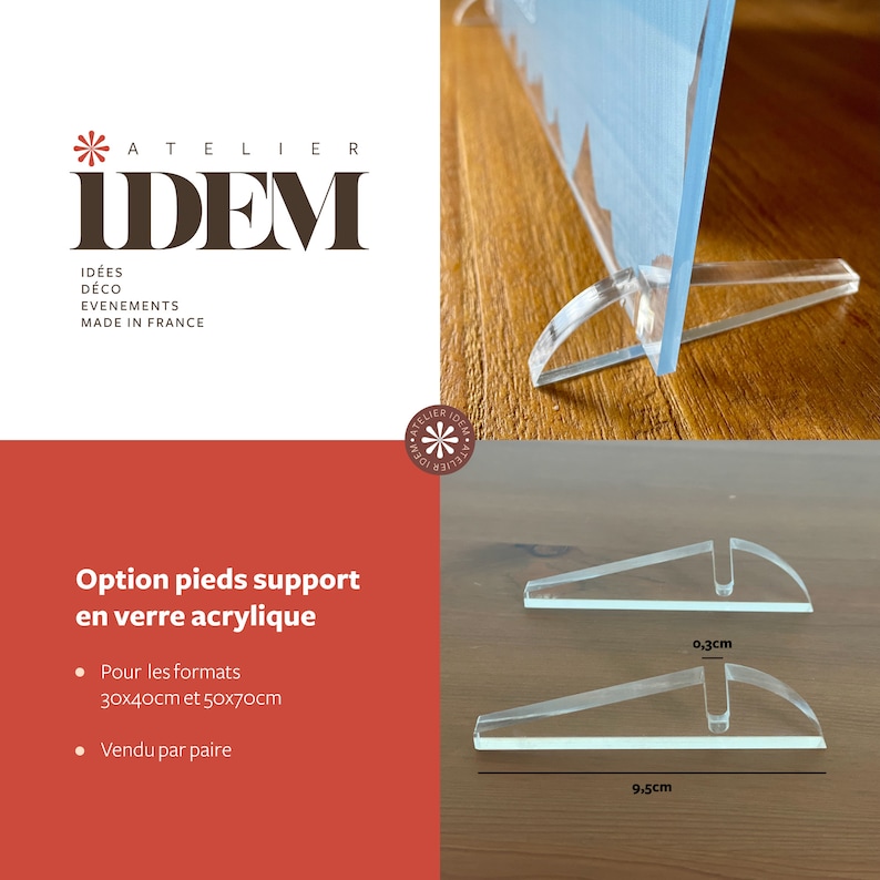 May include: Clear acrylic stand for displaying artwork or signage. The stand is 9.5 inches wide and 0.3 inches thick. It is designed to hold items up to 30x40 inches or 50x70 inches.