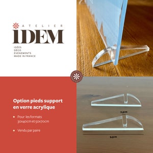 May include: Clear acrylic stand with two legs, designed to support a sign or picture. The stand is 9.5 inches long and 0.3 inches wide. The stand is sold in pairs and is suitable for signs or pictures measuring 12x16 inches or 20x28 inches.