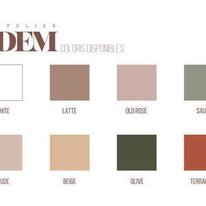 May include: Color chart showing 10 different colors for paint, fabric, or other creative projects. The colors are: White, Latte, Old Rose, Sage, Nude, Beige, Olive, Terracotta.