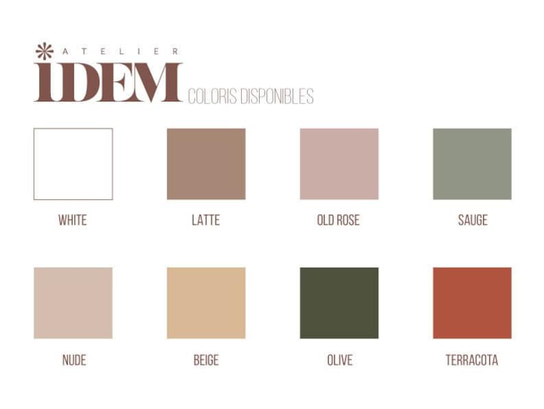 May include: Color chart showing 10 different colors for paint, fabric, or other creative projects. The colors are: White, Latte, Old Rose, Sage, Nude, Beige, Olive, Terracotta.