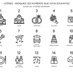 May include: Black and white line art icons representing different wedding events, such as the ceremony, the reception, and the first dance. The icons are numbered 1 through 15.