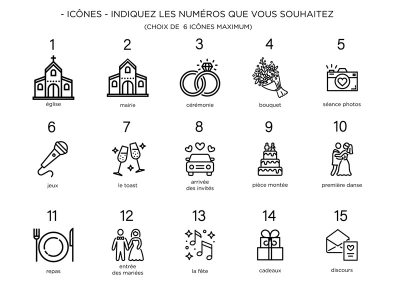 May include: Black and white line art icons representing different wedding events, such as the ceremony, the reception, and the first dance. The icons are numbered 1 through 15.
