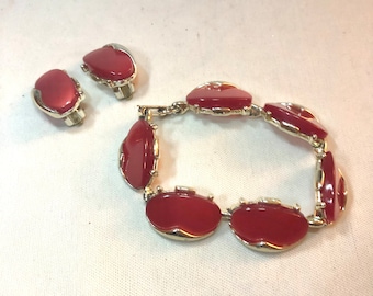 MCM Red Lucite Thermoset Bracelet With Matching Clip On Earrings