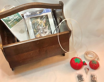 Wooden Double Lid 1940s Sewing Box with Contents