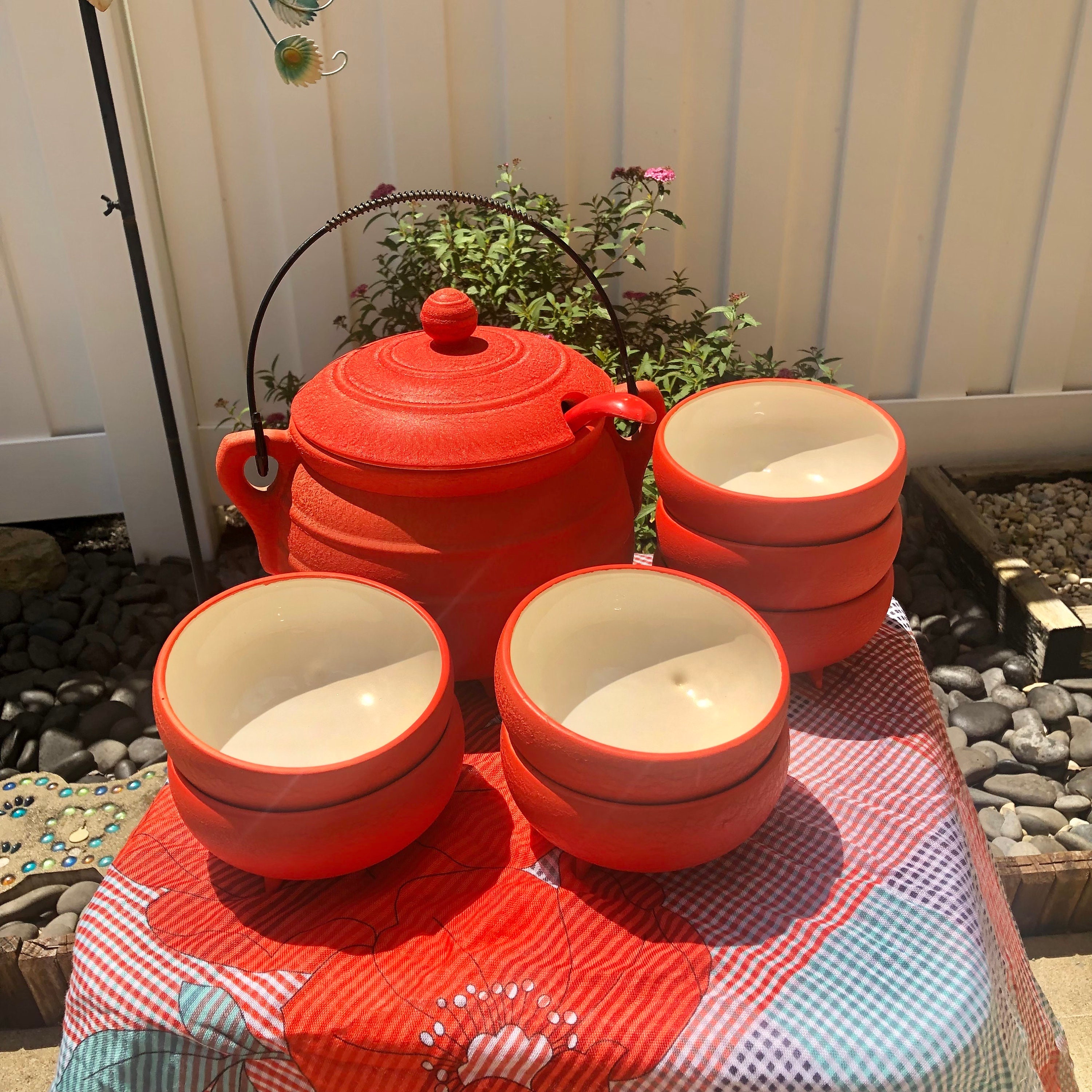 1960s bright orange ceramic porcelain tureen/cauldron set