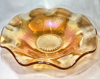 MCM Jeannette Large Iris Herringbone Marigold Iridescent Carnival Glass Bowl