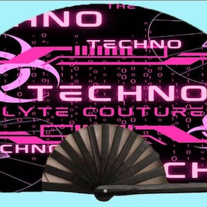PINK TECHNO Hand Fan Rave Accessories l Rave Fan l Festival Fan l Club Fan l Large Hand Fan l Black Light Reactive l Trippy