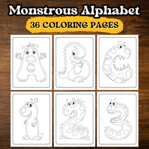 Abecedario Monstruoso | Libro de Colorear para Niños | 36 Páginas para Colorear de Números y Letras | PDF para Descargar e Imprimir
