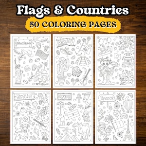Flags and Countries Coloring Book | PDF to Download and Print | 50 Coloring Pages with Countries and Flags of the World and Their Topics