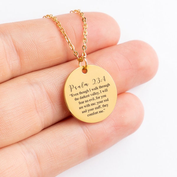 Coin Necklace, Religious Necklace, Bible Verse Engraved, Bible Verse Disc Necklace, Psalm 23:4 Gold Silver Rose Gold Minimalist Necklace